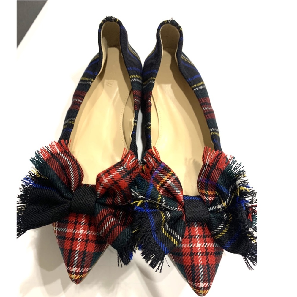 JCrew Lottie Frayed-Bow Falts in Tartan